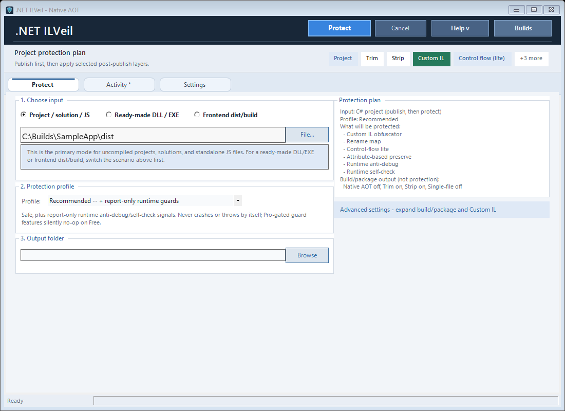 ILVeil protection plan screen showing input selection, protection profile and output settings
