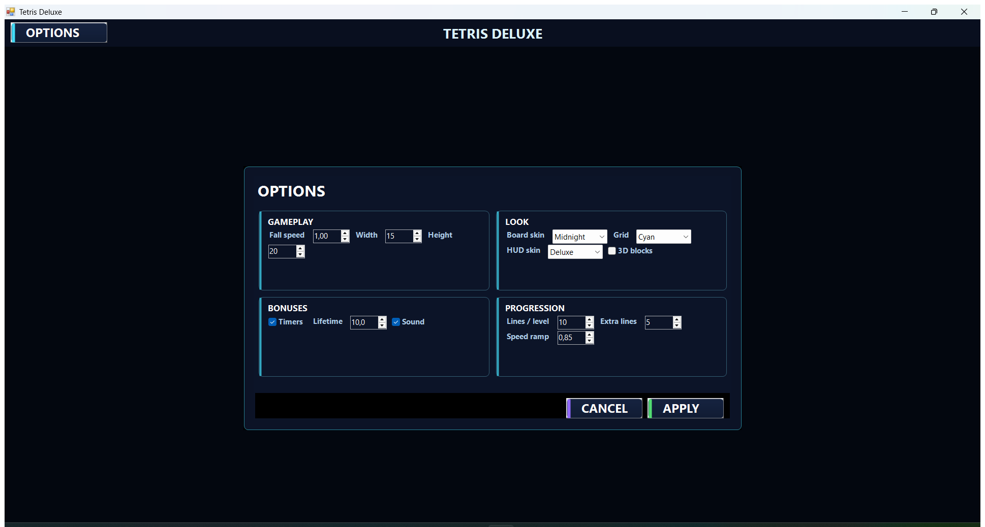 Settings popup