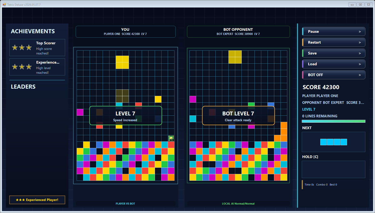 Tetris Deluxe VS BOT match with equal player and bot boards